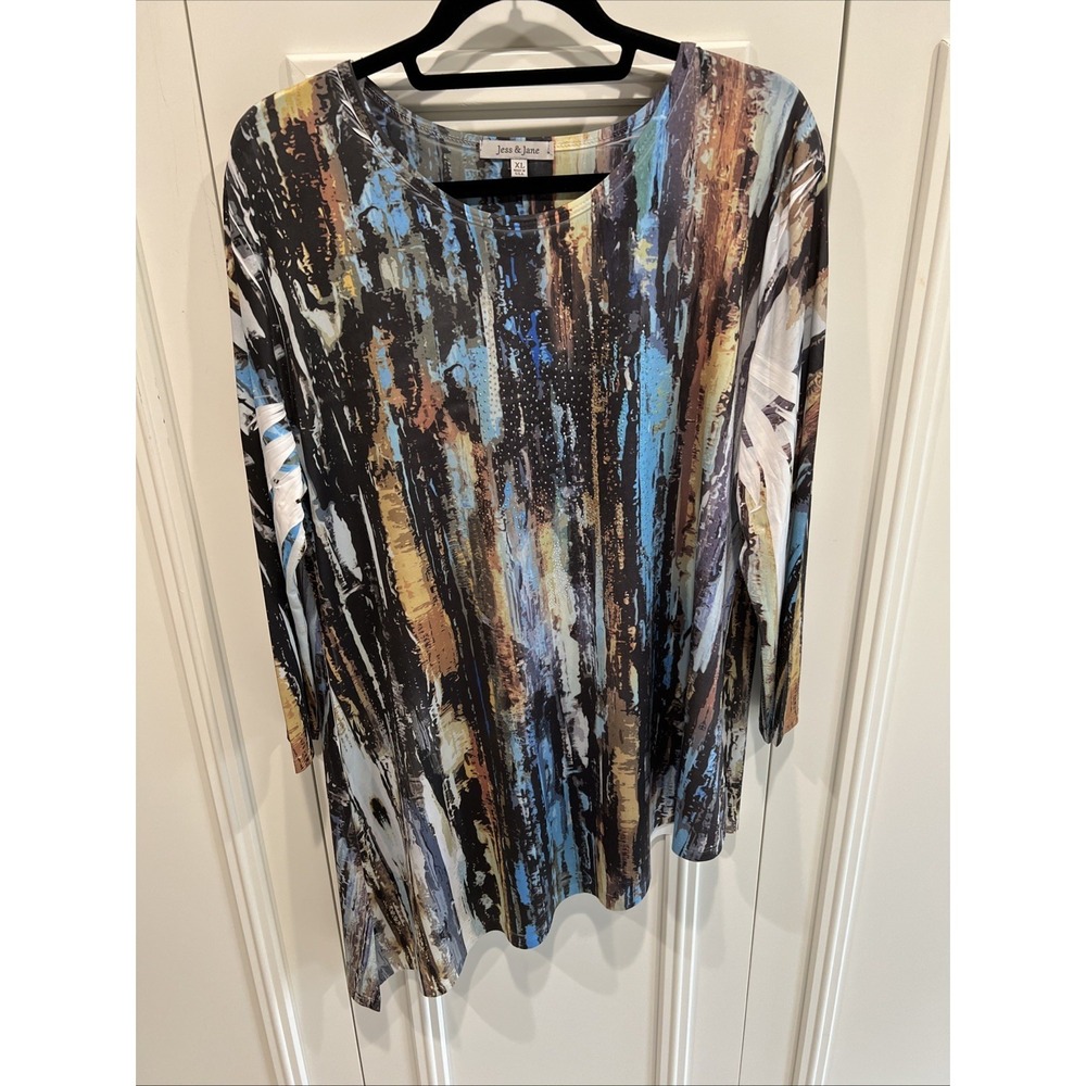 Jess & Jane Asymmetric Tunic Top Size XL‎ Artsy Rhinestone Stretchy Lagenlook